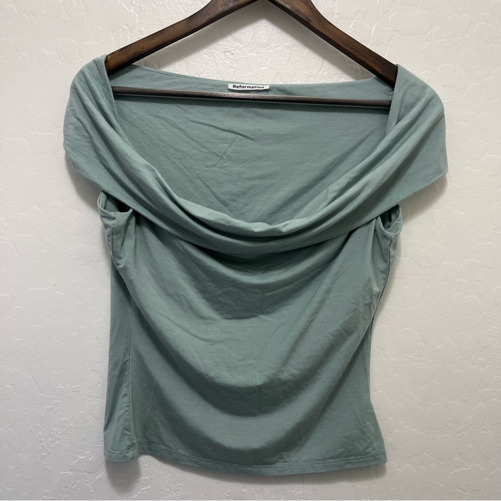 Reformation Darcy Sage Green Off-Shoulder Drape Top